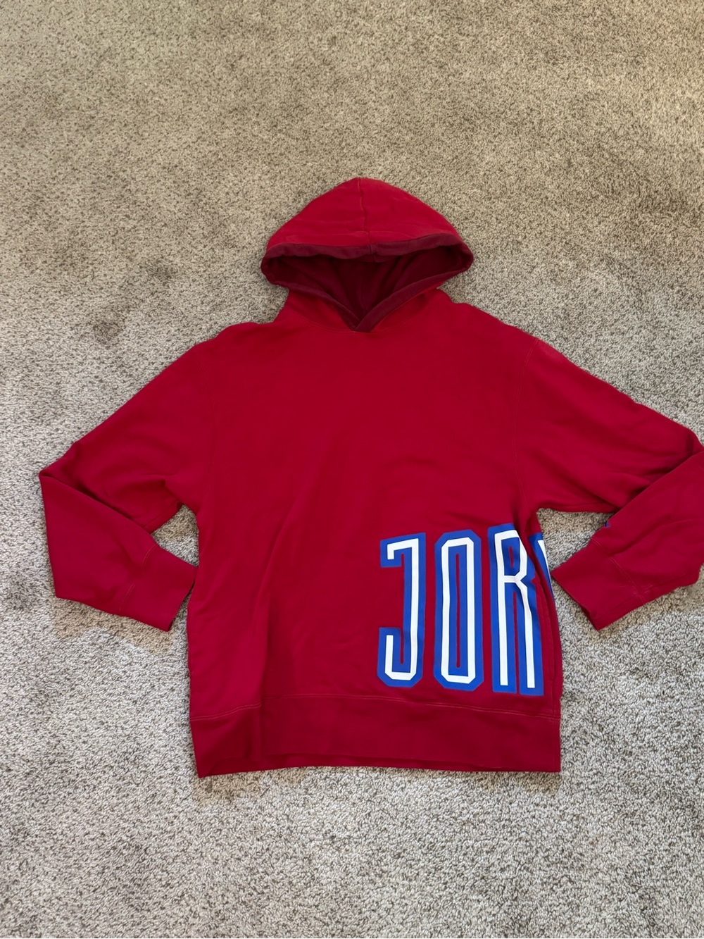 Jordan Red Hoodie Sweater with Blue Logo Accent